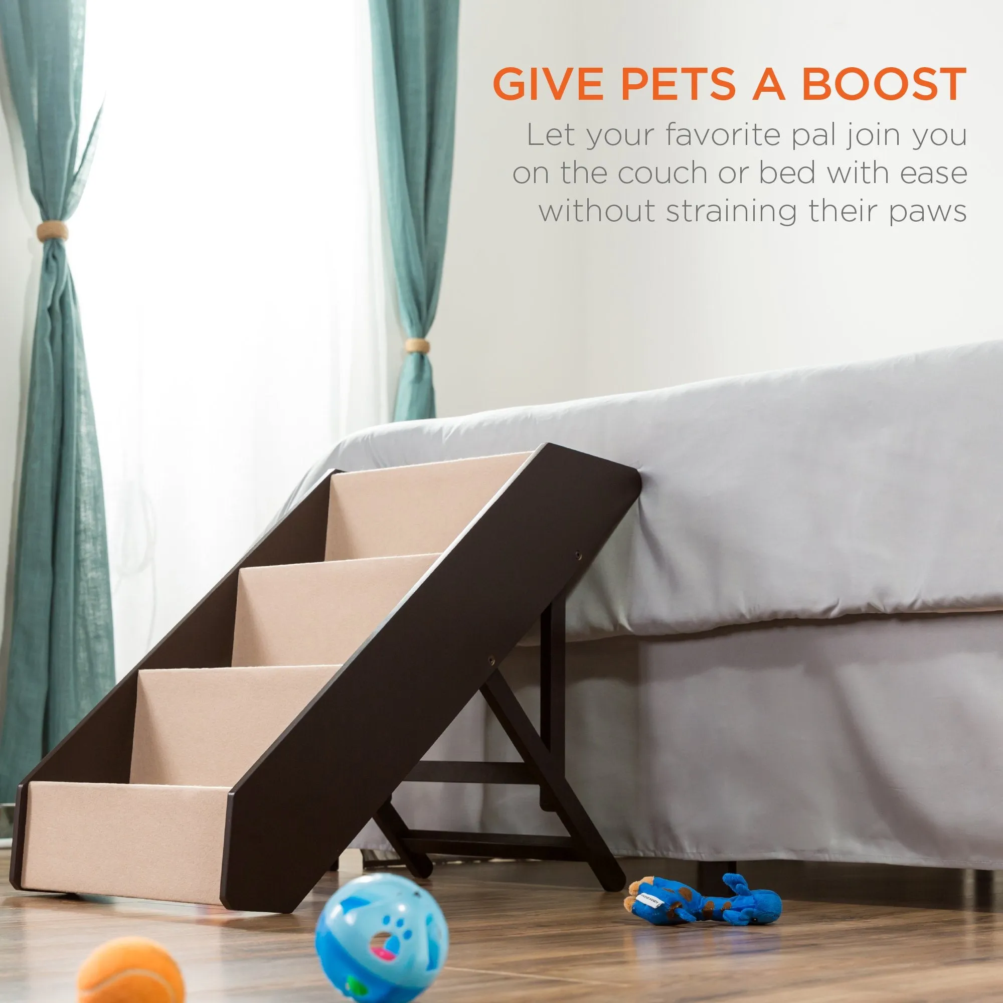 Foldable Adjustable, Non-Slip Wide Wooden Carpeted Pet Step Stairs