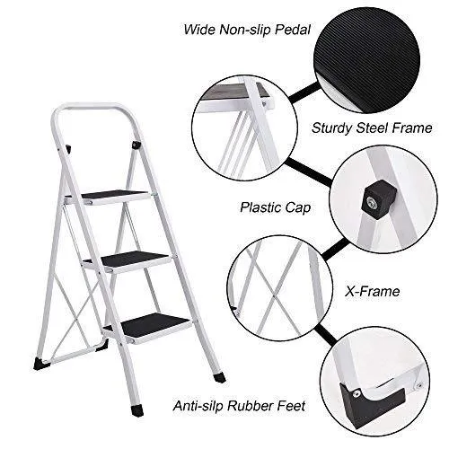 Folding Compact Portable 3 Step Ladder 330 lb Capacity, White