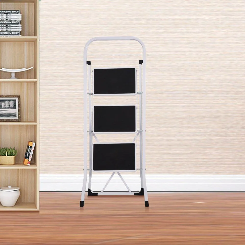 Folding Compact Portable 3 Step Ladder 330 lb Capacity, White