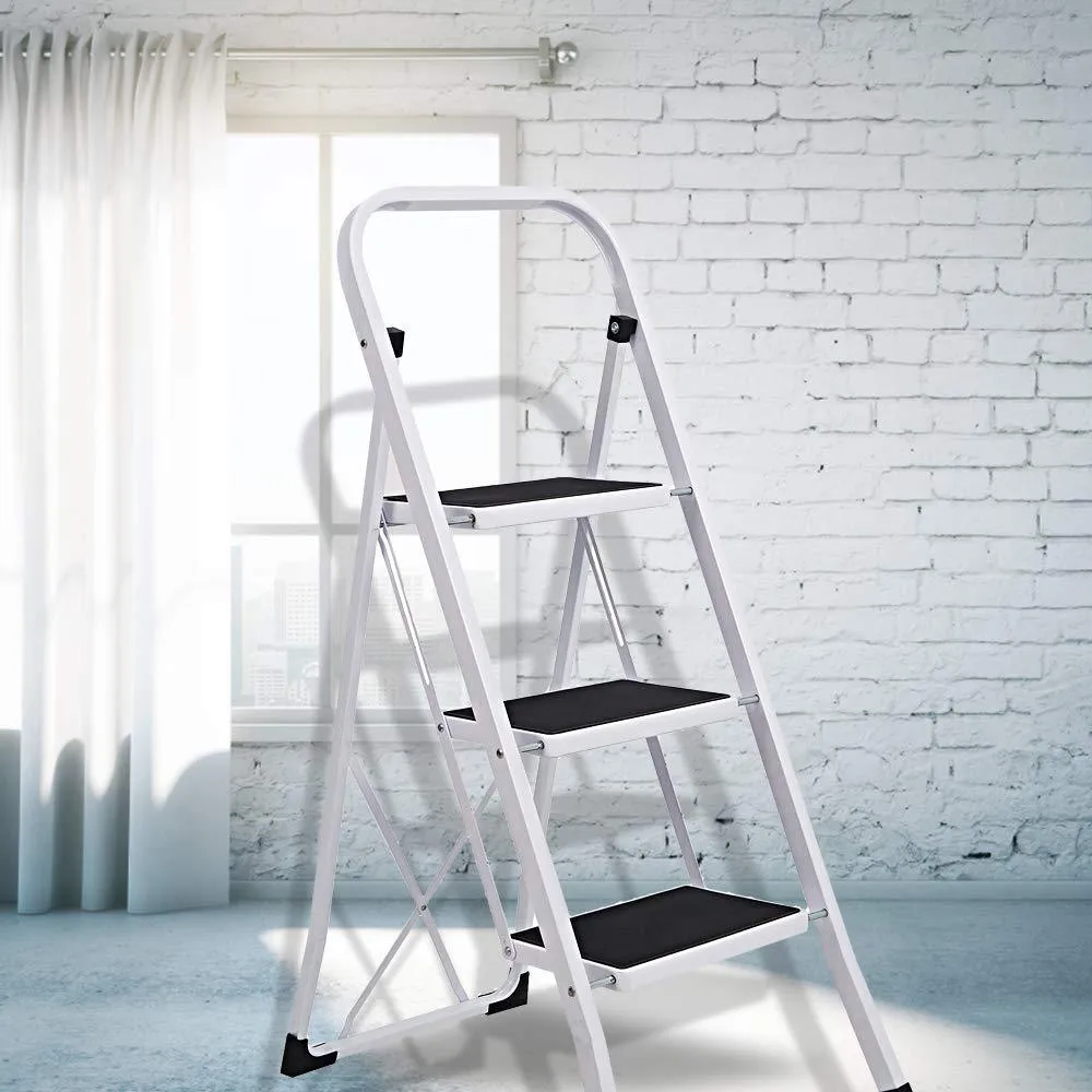 Folding Compact Portable 3 Step Ladder 330 lb Capacity, White