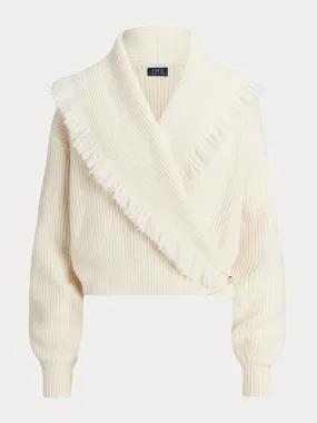 Fringe-trim shawl collared jumper