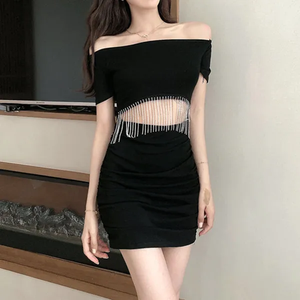 Fringed Open-Waist Off-The-Shoulder Bodycon Dress