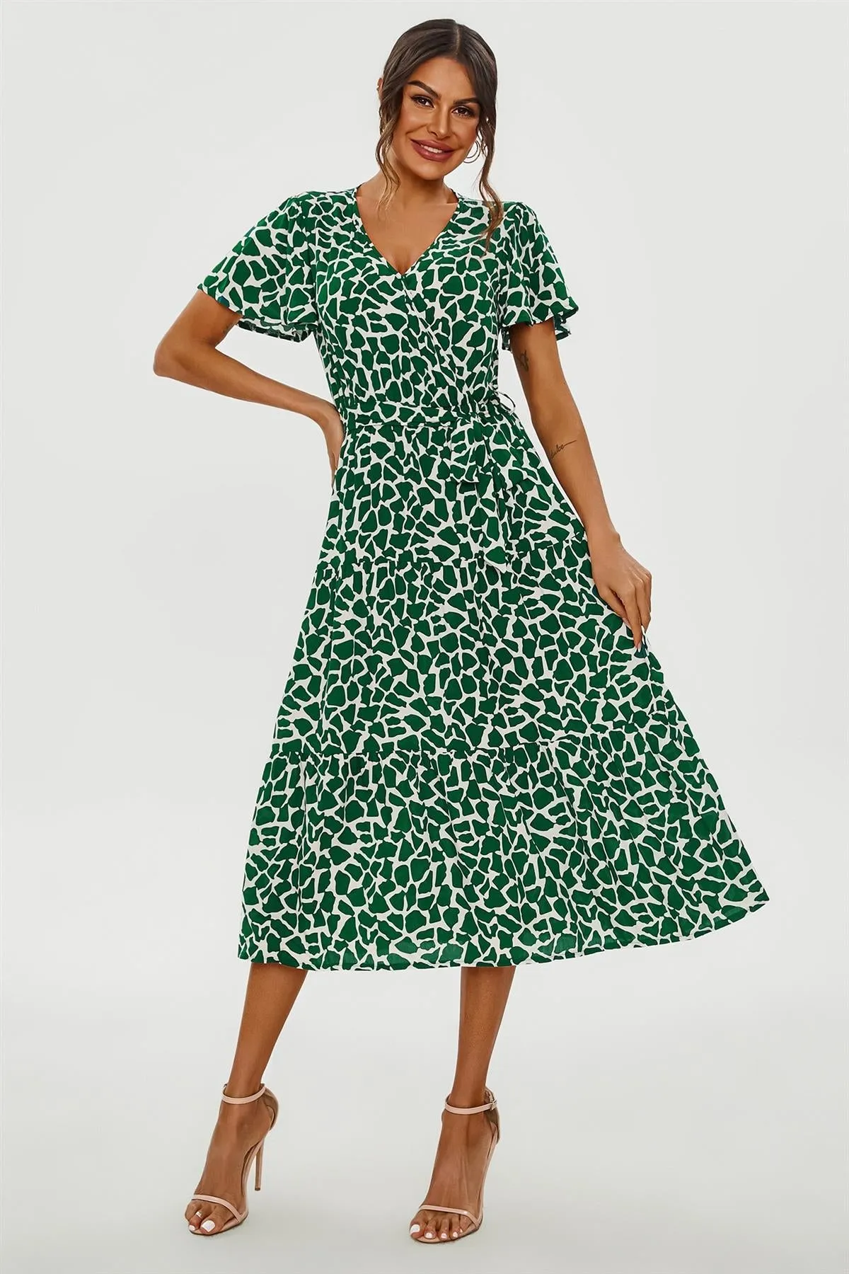 FS Collection Geo Print Hem Tiered Wrap Midi Dress In Green