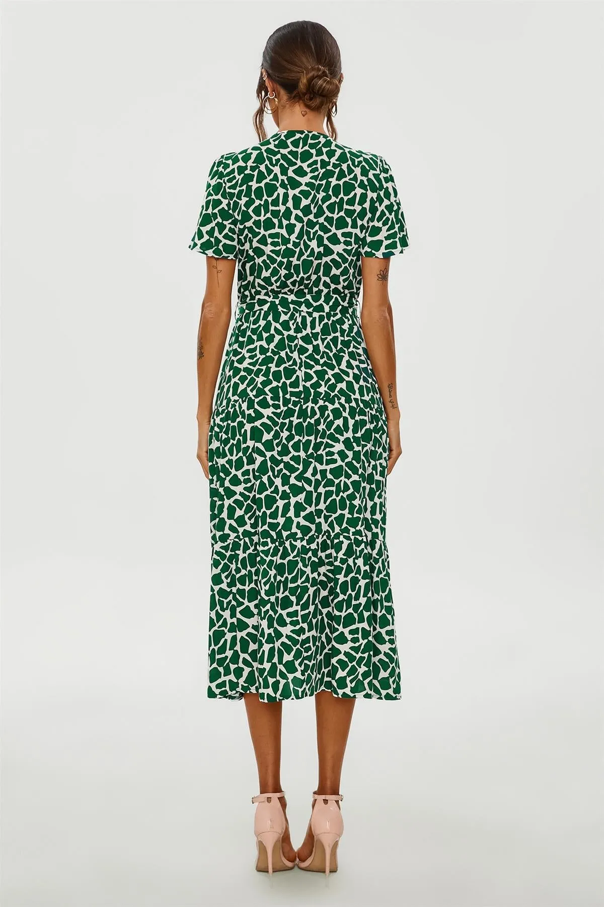 FS Collection Geo Print Hem Tiered Wrap Midi Dress In Green