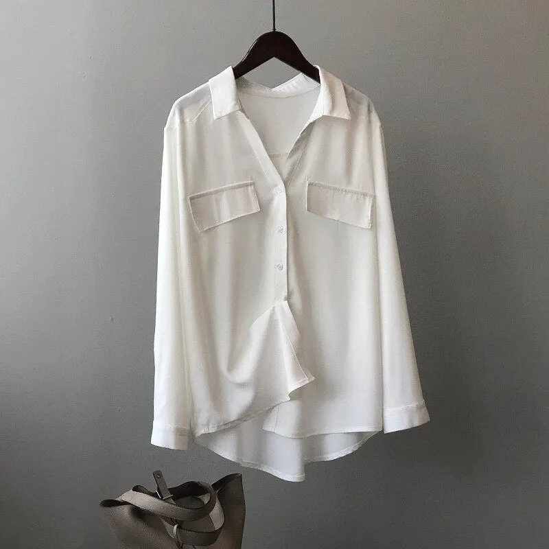 Graduation Gifts   White Casual Loose Satin Silk Blouses Women 2022 Autumn Casual Office Long Sleeve Shirt Female Turn-down Collar Women Tops 15884