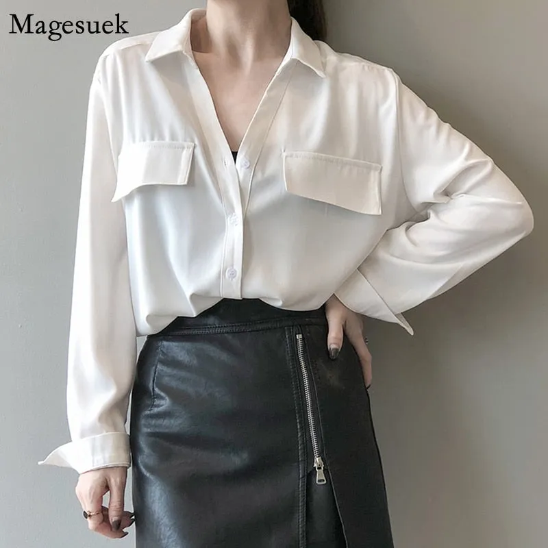 Graduation Gifts   White Casual Loose Satin Silk Blouses Women 2022 Autumn Casual Office Long Sleeve Shirt Female Turn-down Collar Women Tops 15884