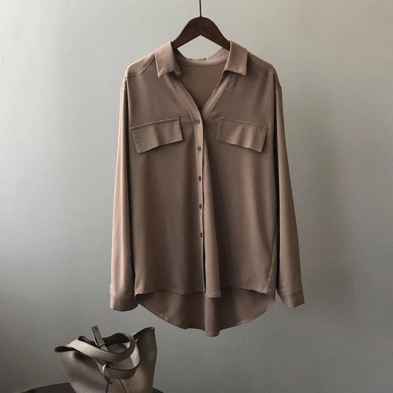 Graduation Gifts   White Casual Loose Satin Silk Blouses Women 2022 Autumn Casual Office Long Sleeve Shirt Female Turn-down Collar Women Tops 15884