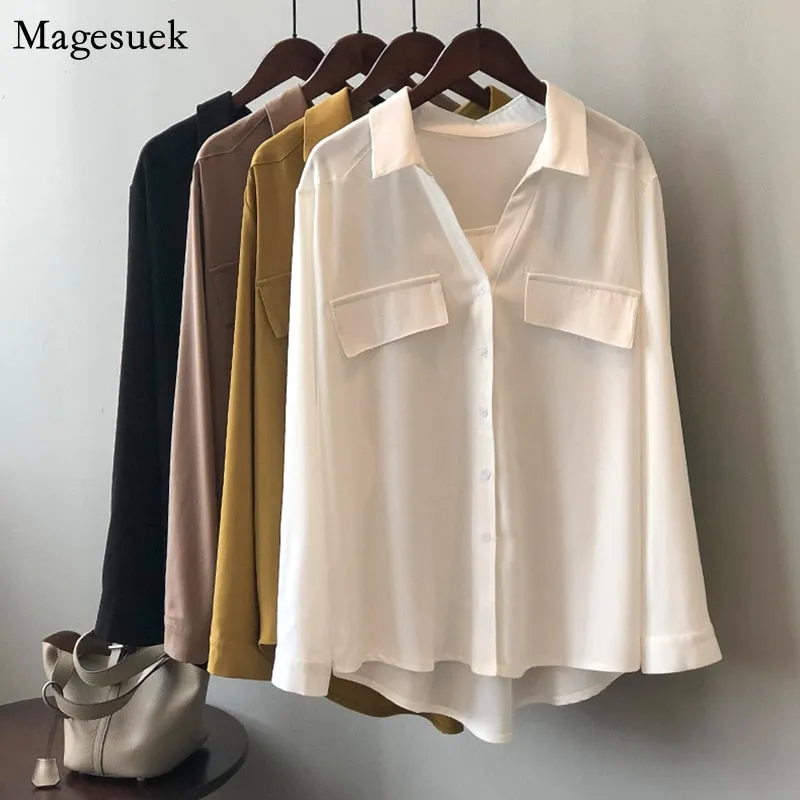 Graduation Gifts   White Casual Loose Satin Silk Blouses Women 2022 Autumn Casual Office Long Sleeve Shirt Female Turn-down Collar Women Tops 15884