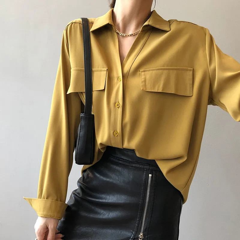 Graduation Gifts   White Casual Loose Satin Silk Blouses Women 2022 Autumn Casual Office Long Sleeve Shirt Female Turn-down Collar Women Tops 15884