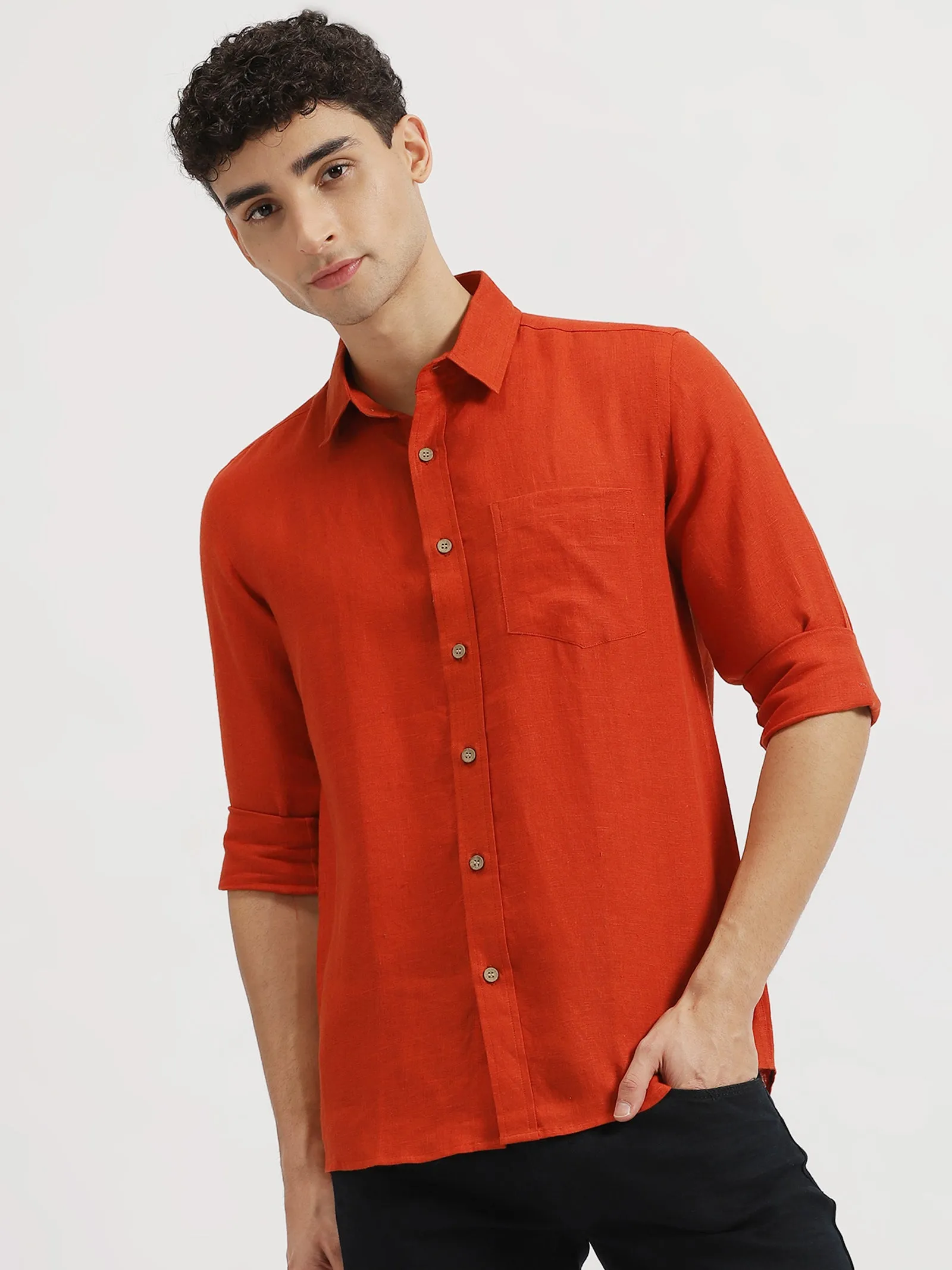 Harvey - Men's Pure Linen Full Sleeve Shirt - Rust (Factory Rescue)