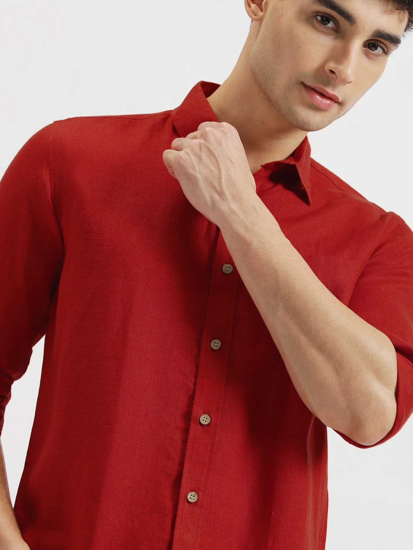 Harvey - Pure Linen Full Sleeve Shirt - Mud Red