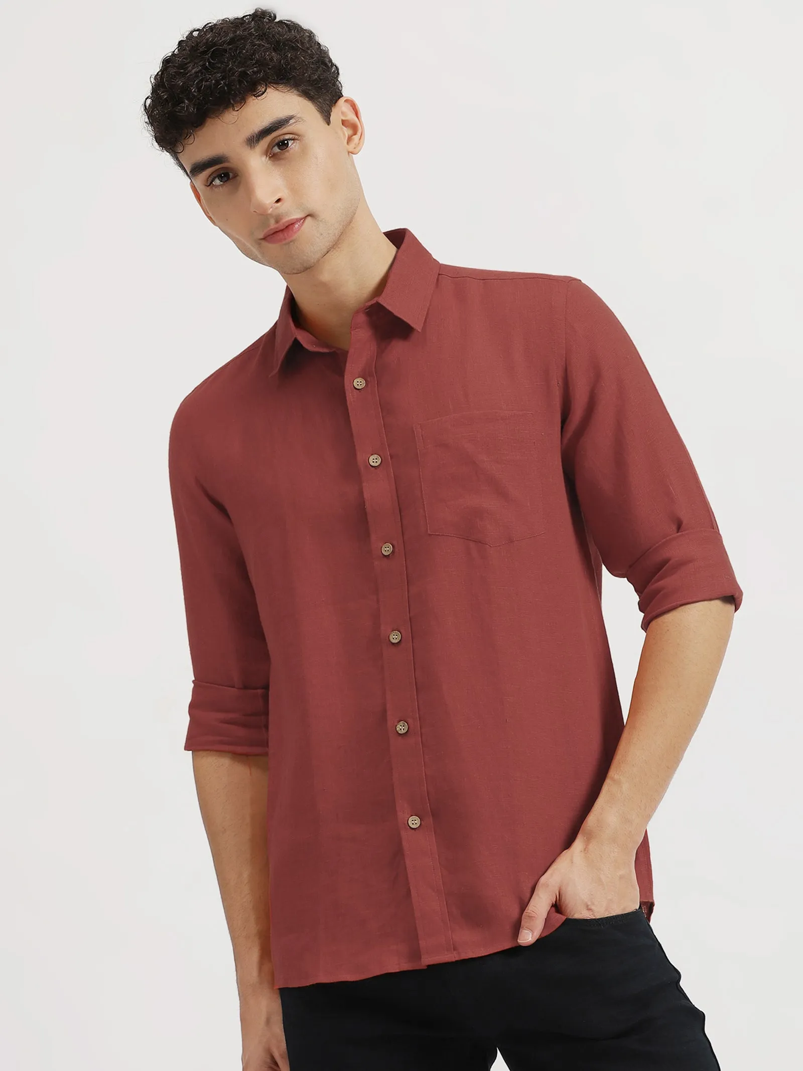 Harvey - Pure Linen Full Sleeve Shirt - Terracotta Red