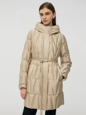 High Collar Hooded Goose Down Coat With Belt