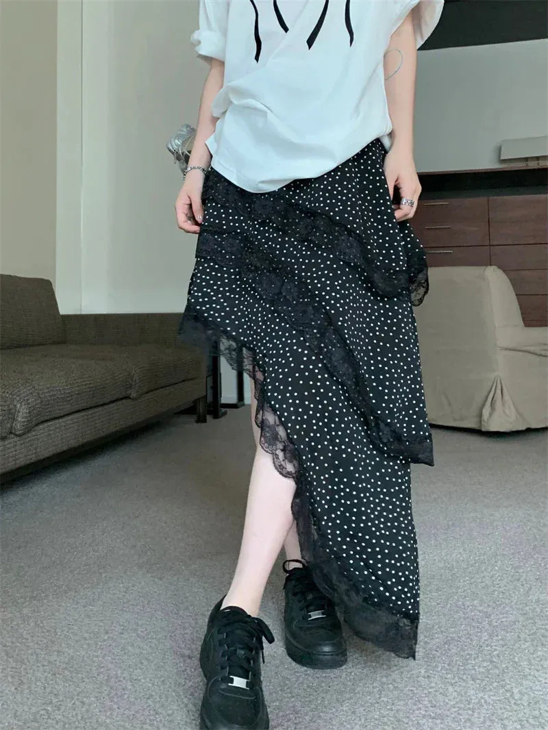 High Polka Waist Summer Y2K Dot Long Asymmetrical Layered Skirt