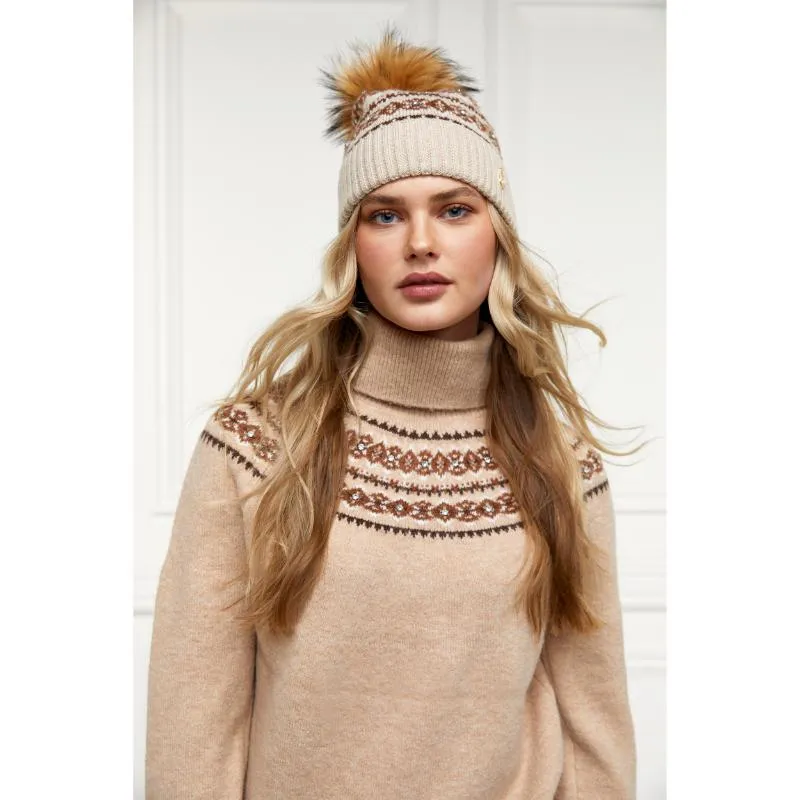 Holland Cooper Jennifer Fairisle Ladies Bobble Hat - Light Camel