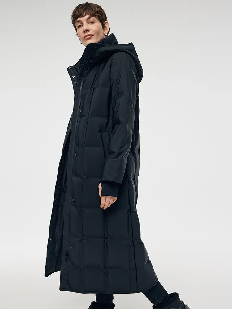 Hooded Long Goose Down Coat With Belt