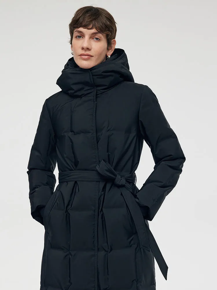 Hooded Long Goose Down Coat With Belt