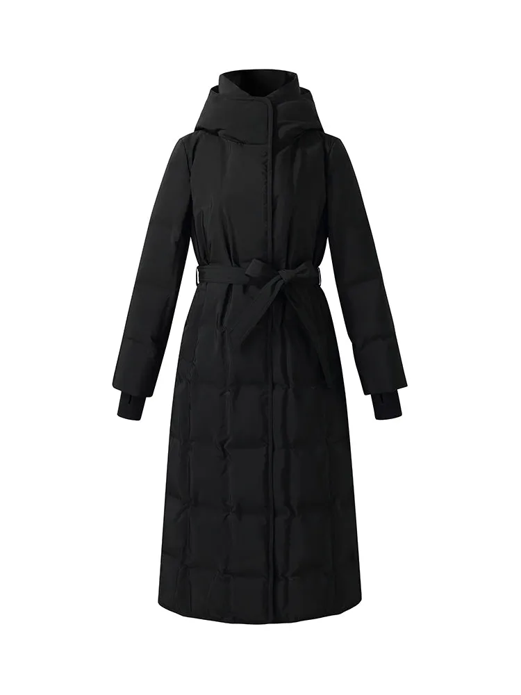 Hooded Long Goose Down Coat With Belt