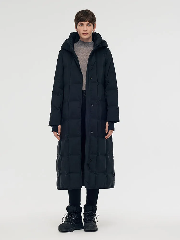 Hooded Long Goose Down Coat With Belt