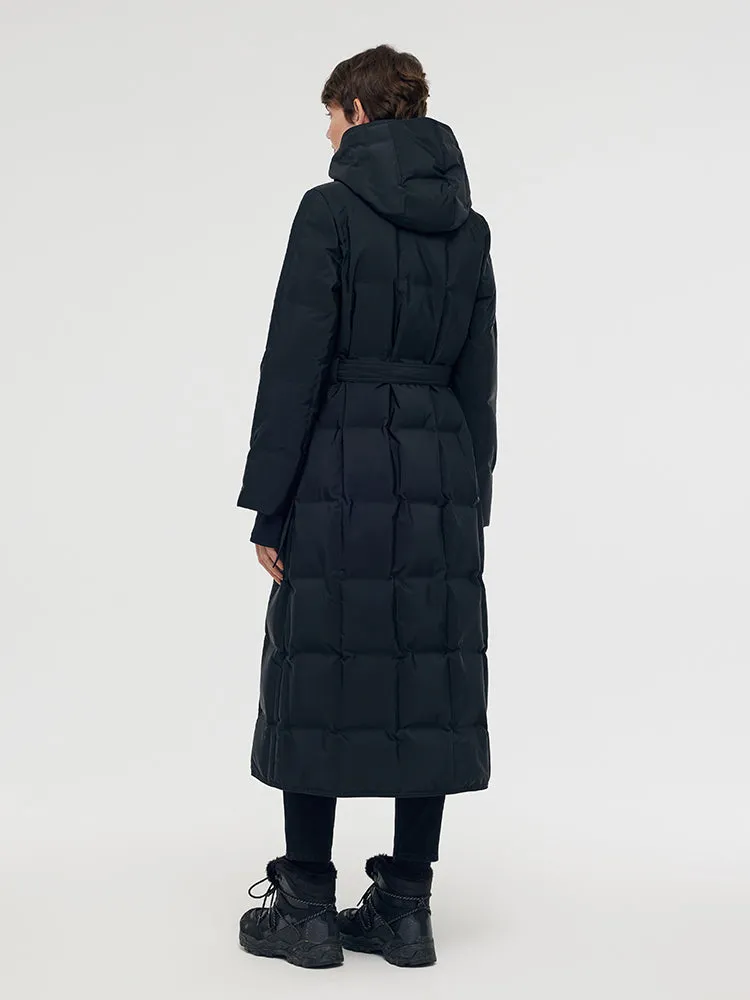 Hooded Long Goose Down Coat With Belt