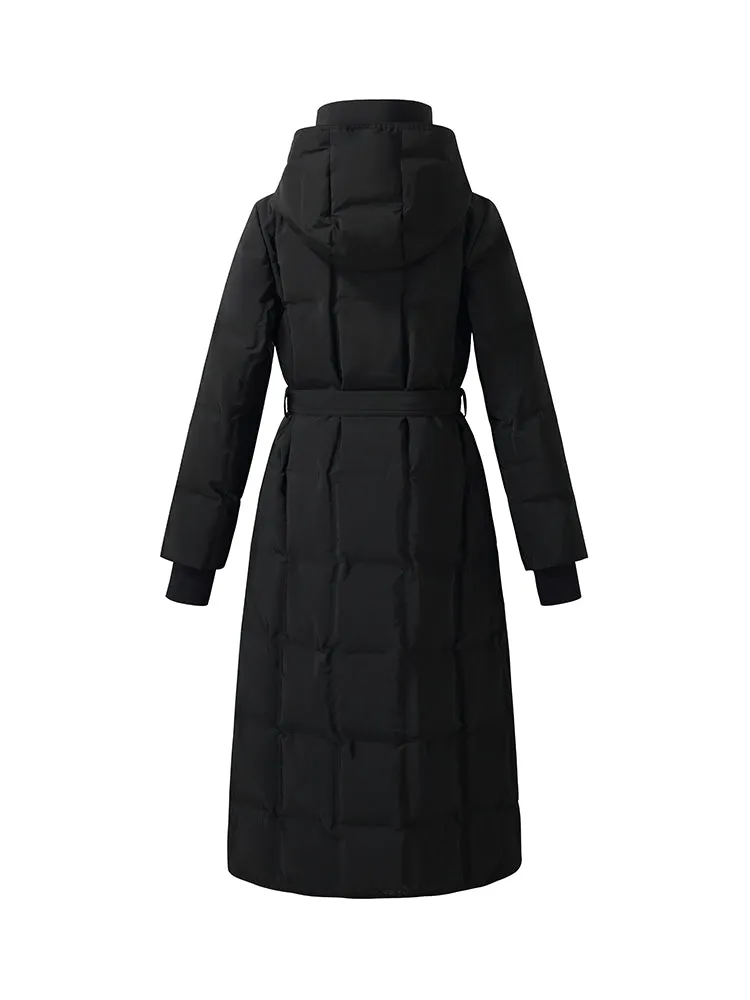 Hooded Long Goose Down Coat With Belt