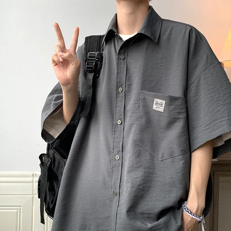 Ice Silk Fabric Oversize Shirts For Men Summer Short Sleeve Shirt Unisex Casual Street Baggy Blouses Coat Korean Men Clothing