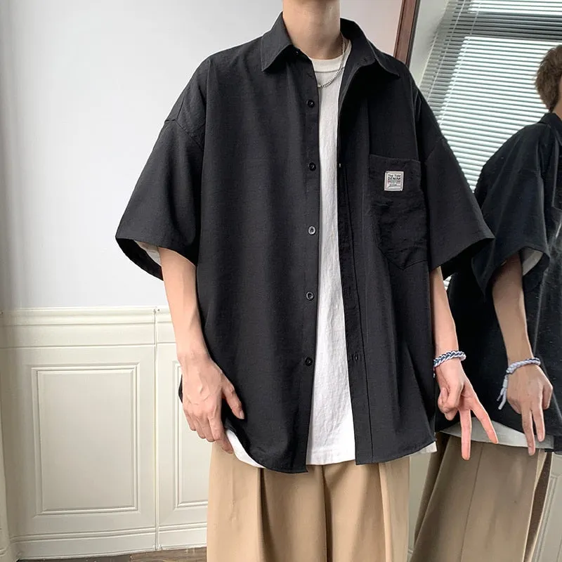 Ice Silk Fabric Oversize Shirts For Men Summer Short Sleeve Shirt Unisex Casual Street Baggy Blouses Coat Korean Men Clothing