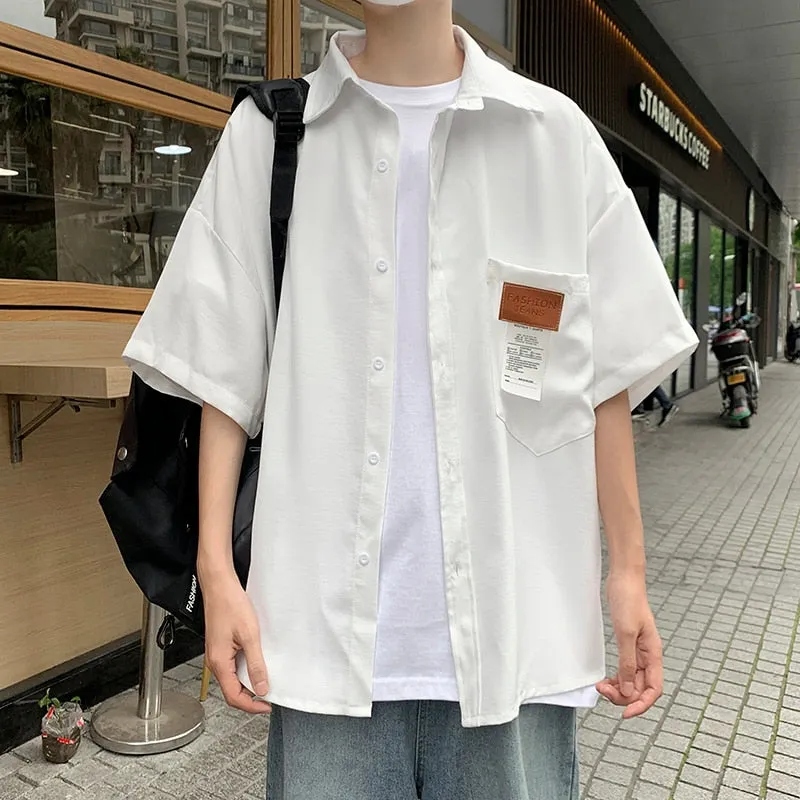 Ice Silk Fabric Oversize Shirts For Men Summer Short Sleeve Shirt Unisex Casual Street Baggy Blouses Coat Korean Men Clothing