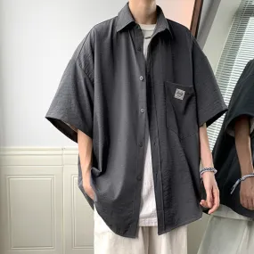 Ice Silk Fabric Oversize Shirts For Men Summer Short Sleeve Shirt Unisex Casual Street Baggy Blouses Coat Korean Men Clothing