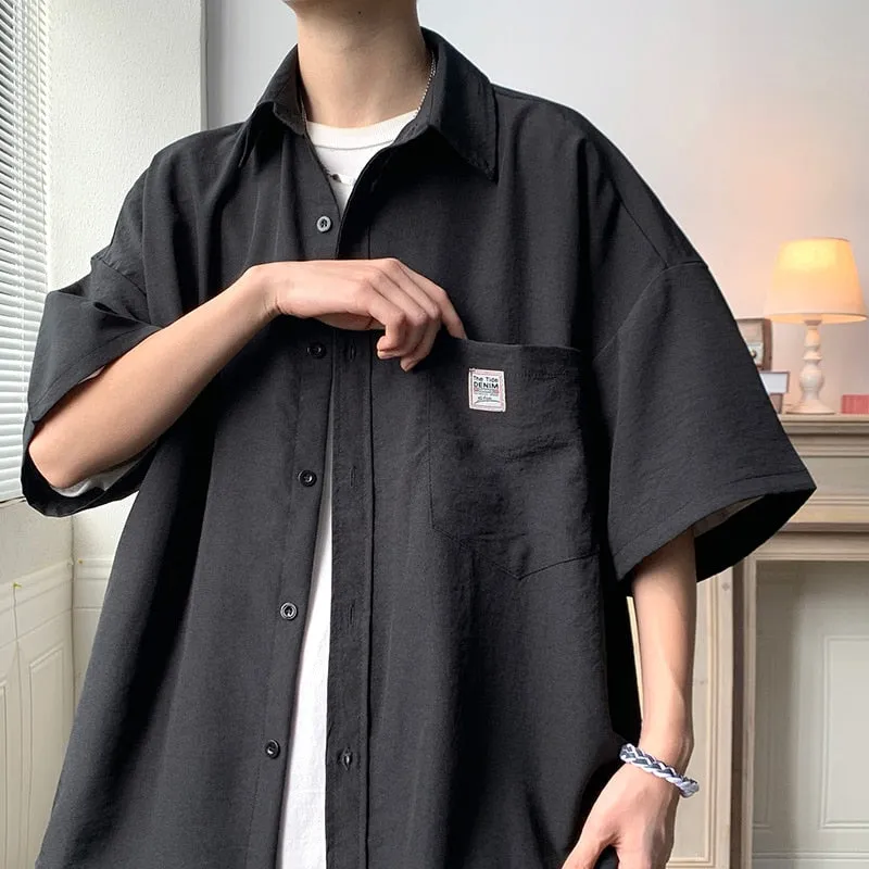 Ice Silk Fabric Oversize Shirts For Men Summer Short Sleeve Shirt Unisex Casual Street Baggy Blouses Coat Korean Men Clothing