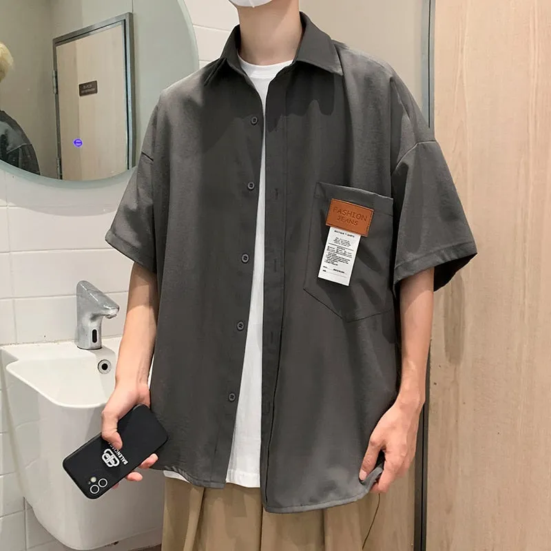 Ice Silk Fabric Oversize Shirts For Men Summer Short Sleeve Shirt Unisex Casual Street Baggy Blouses Coat Korean Men Clothing