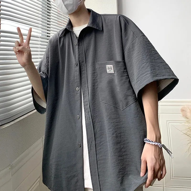 Ice Silk Fabric Oversize Shirts For Men Summer Short Sleeve Shirt Unisex Casual Street Baggy Blouses Coat Korean Men Clothing