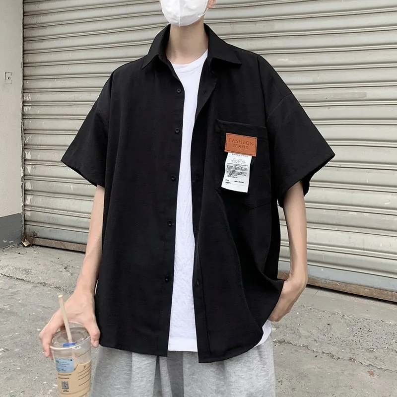 Ice Silk Fabric Oversize Shirts For Men Summer Short Sleeve Shirt Unisex Casual Street Baggy Blouses Coat Korean Men Clothing