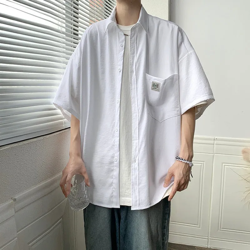 Ice Silk Fabric Oversize Shirts For Men Summer Short Sleeve Shirt Unisex Casual Street Baggy Blouses Coat Korean Men Clothing