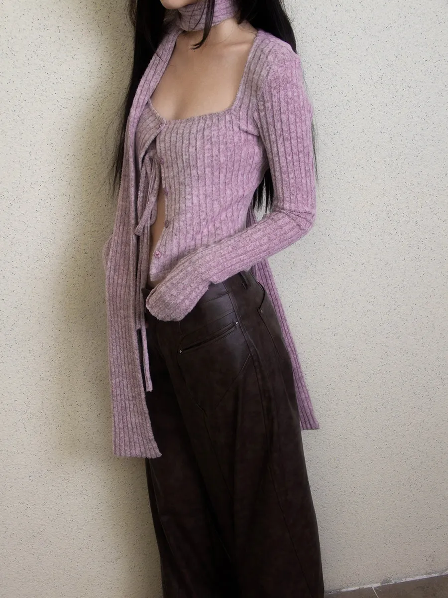 [Illimite] Lavender Romance Soft knitted cardigan three pieces set