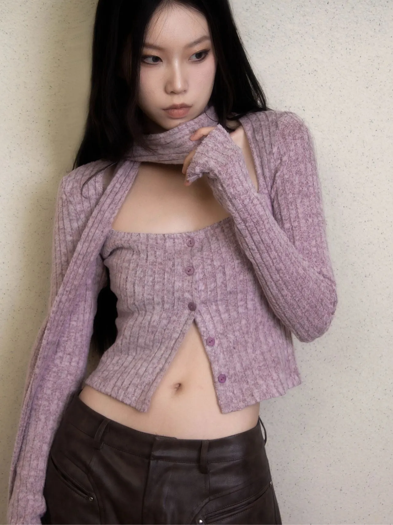 [Illimite] Lavender Romance Soft knitted cardigan three pieces set