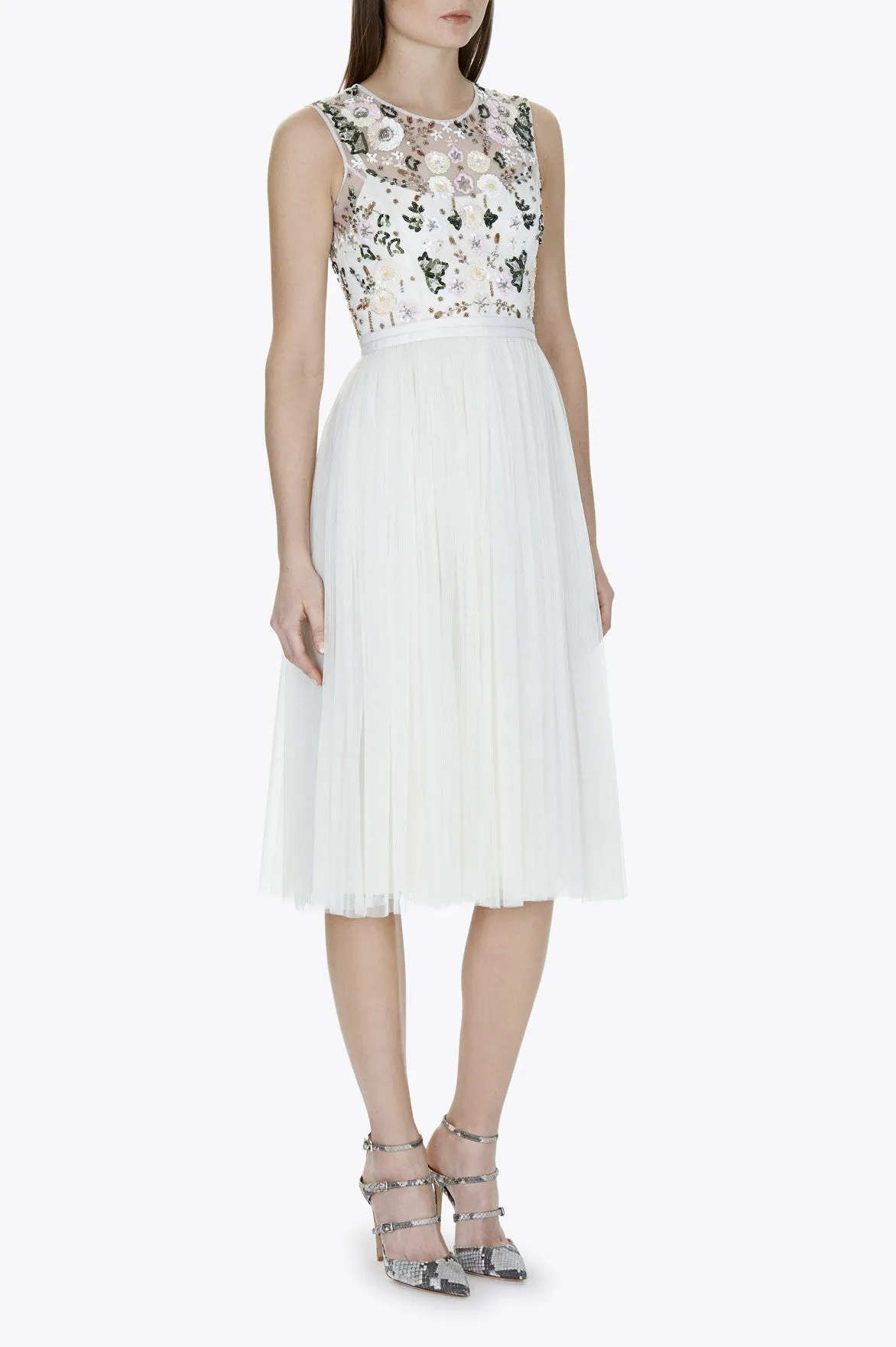 Ivory Embellished Floral Tulle Midi Dress