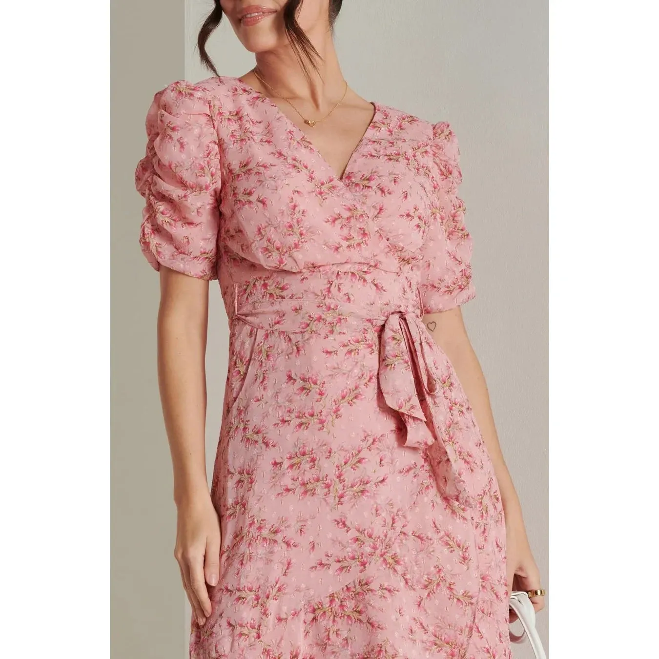 Jolie Moi Pink Textured Chiffon Waterfall Wrap Dress