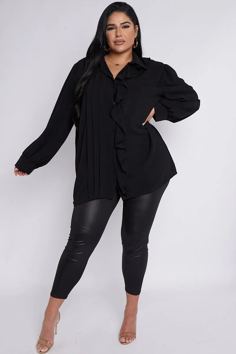 June PLUS SIZE Pleat & Ruffle Detail Button Through Shirt