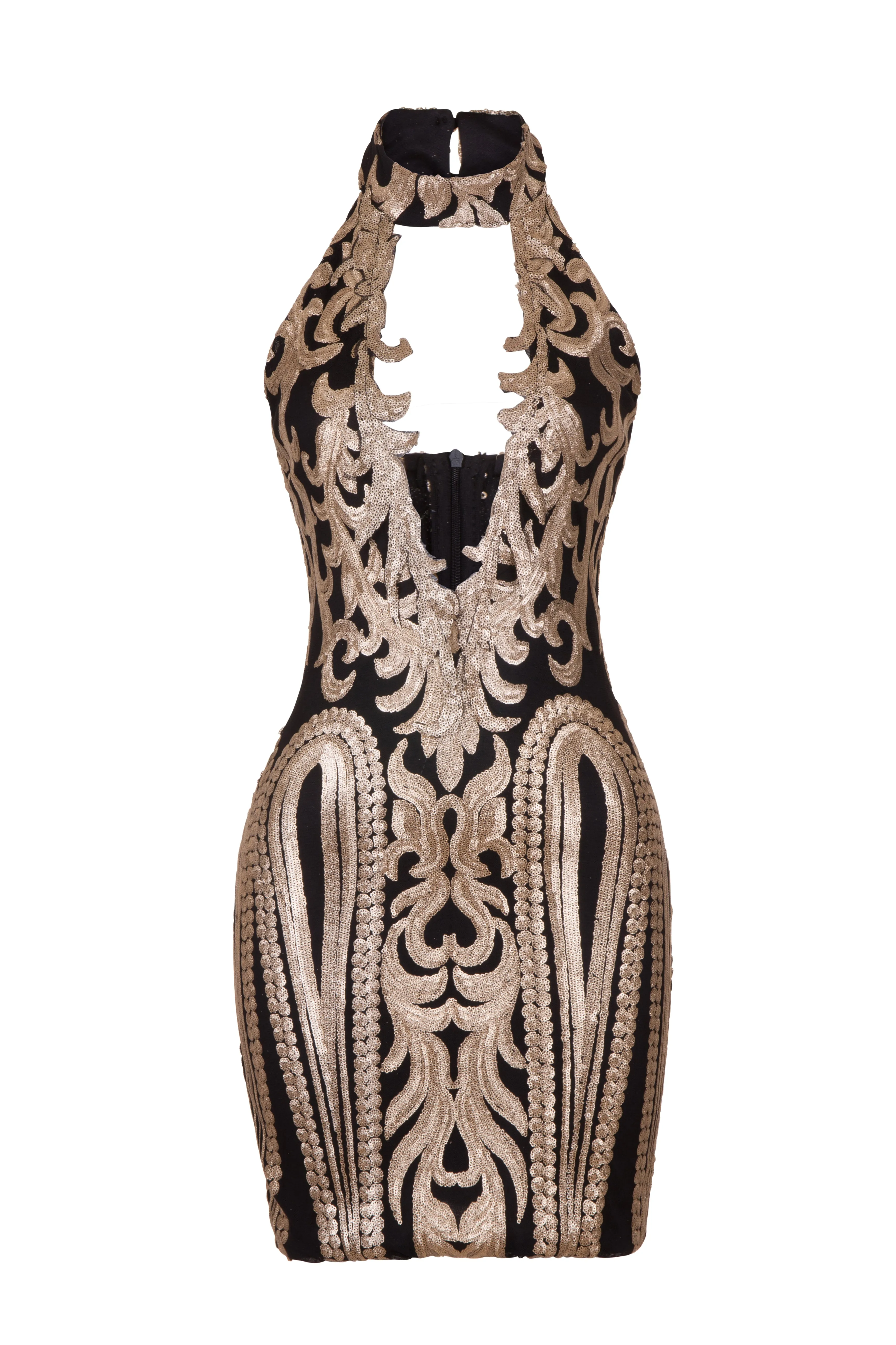 Kiki Luxe Black Gold Keyhole Victorian Sequin Illusion Bodycon Dress