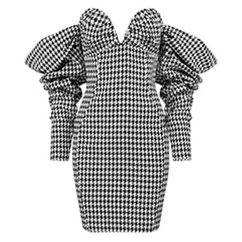 KittenAlarm - Andi Allover Houndstooth Off Shoulder Dress