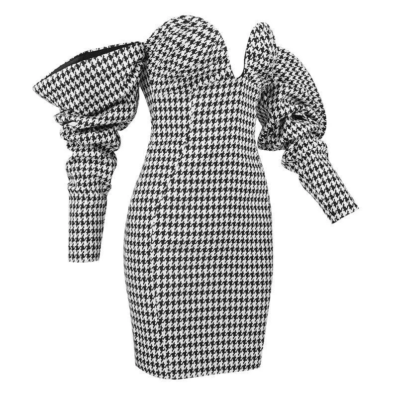 KittenAlarm - Andi Allover Houndstooth Off Shoulder Dress