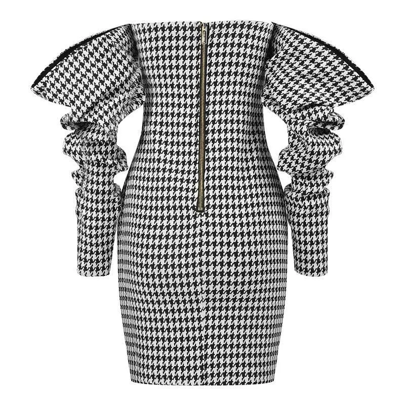 KittenAlarm - Andi Allover Houndstooth Off Shoulder Dress