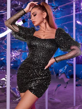 KittenAlarm - Gigot Sleeve Wrap Sequin Bodycon Dress