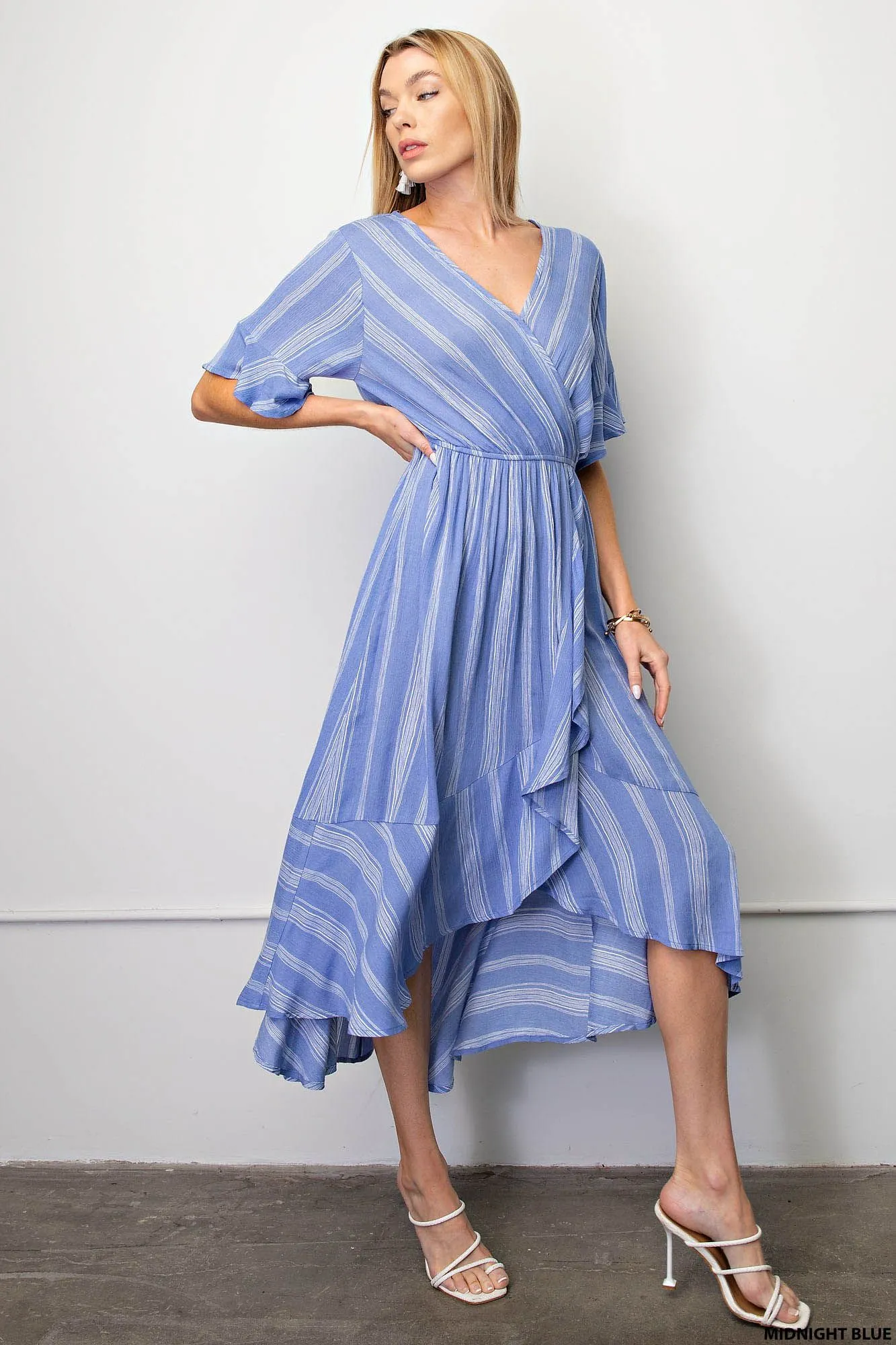 Kori Faux Wrap Striped Midi Dress - Blue