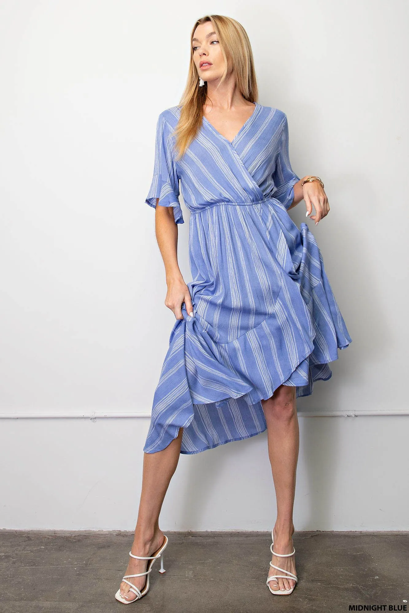 Kori Faux Wrap Striped Midi Dress - Blue