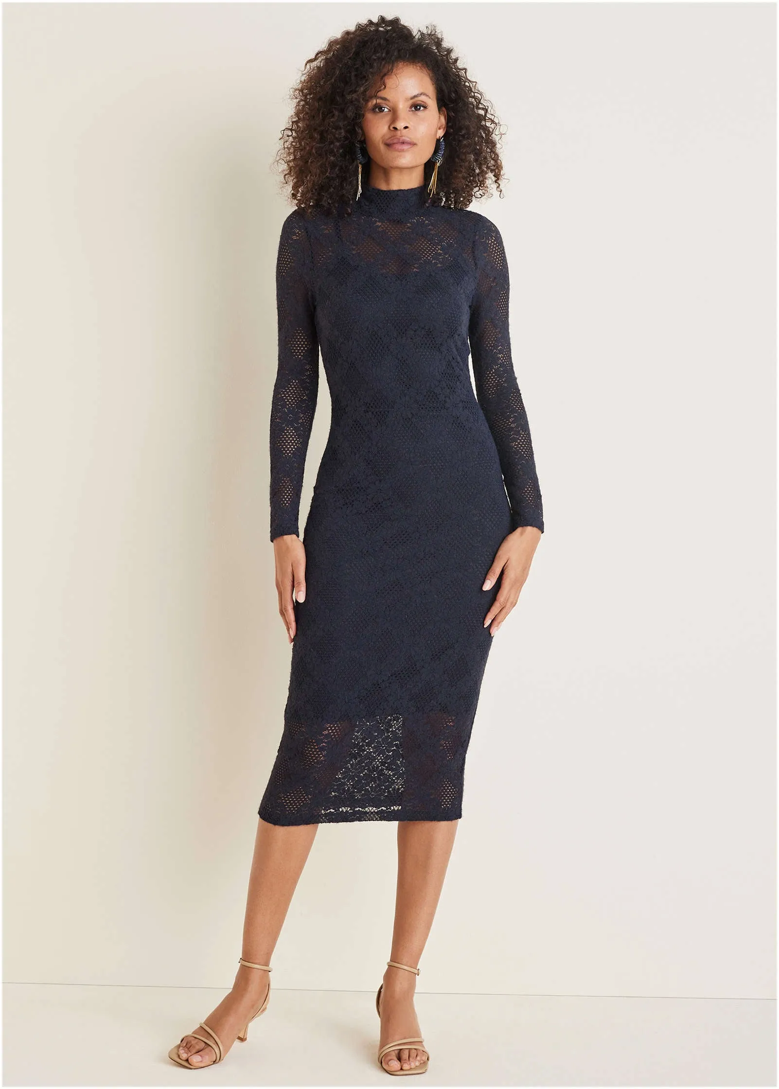 Lace Mock Neck Midi Dress  - Navy