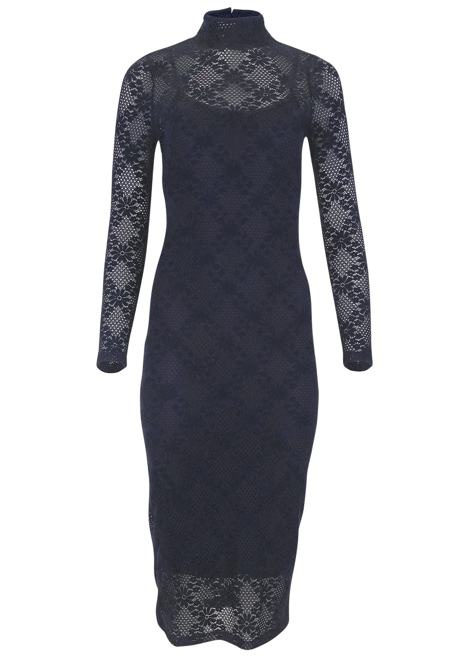 Lace Mock Neck Midi Dress  - Navy