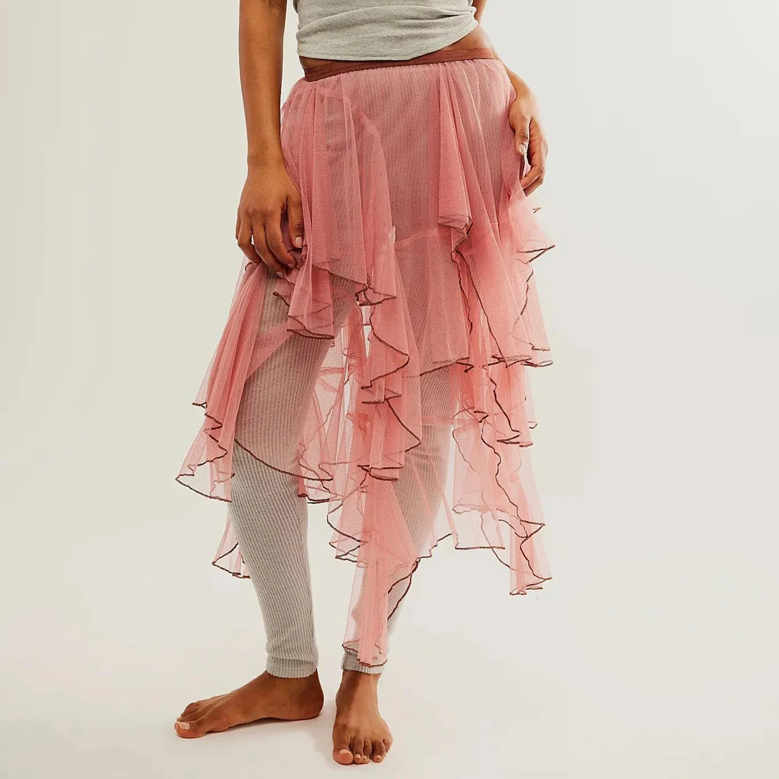 Layered Ruffled Mesh Sheer High Waist Lace Midi Skirt