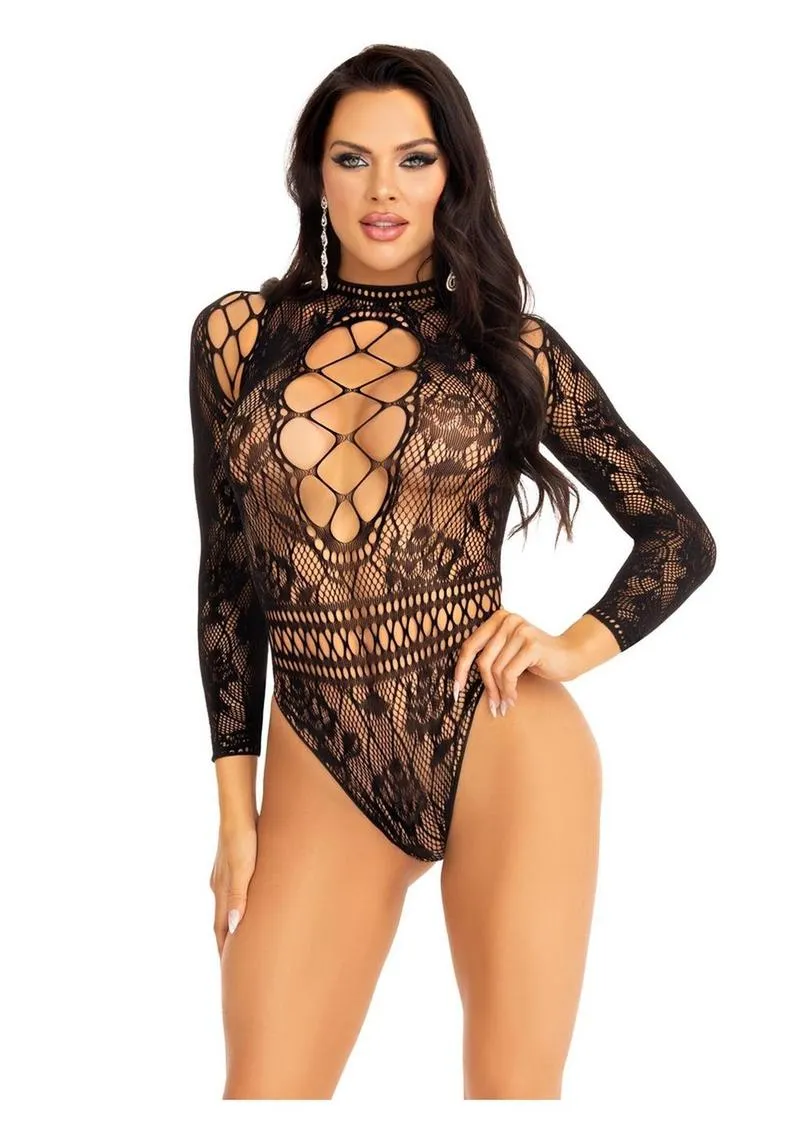 Leg Avenue High Neck Lace and Net Keyhole Back Bodysuit